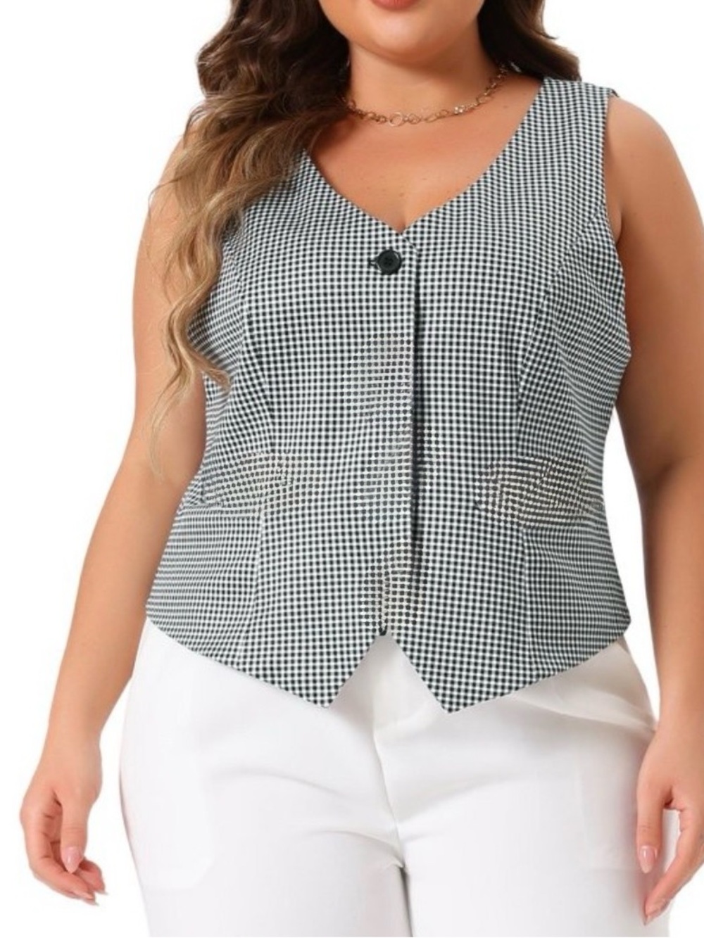 Avenue Plus Size Black & Ivory Houndstooth Vest Top 18/20